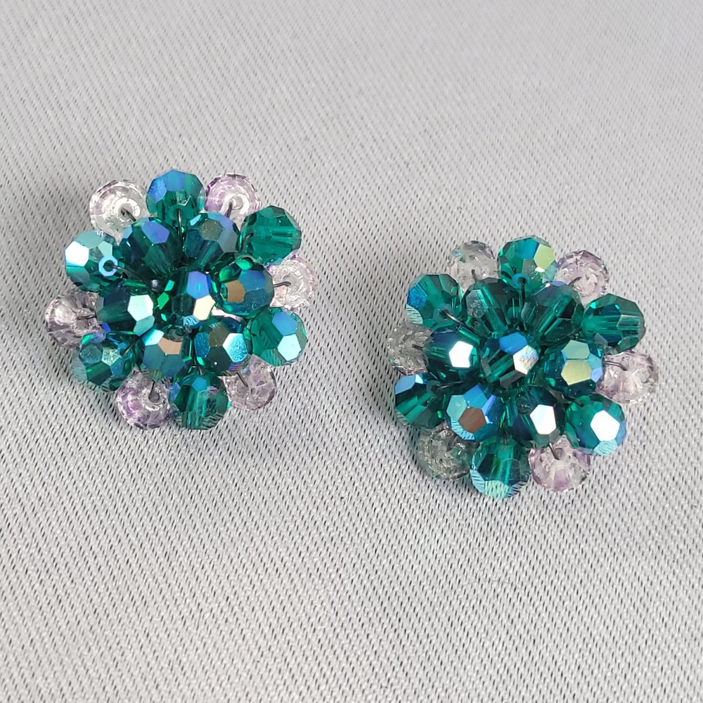Vintage AB Earrings Teal‎ Blue Lavender Glass Cluster Clip On Floral Statement
